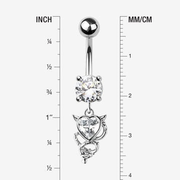 Detail View 1 of Tailed Devil's Heart Sparkle Dangle Belly Button Ring-Clear Gem